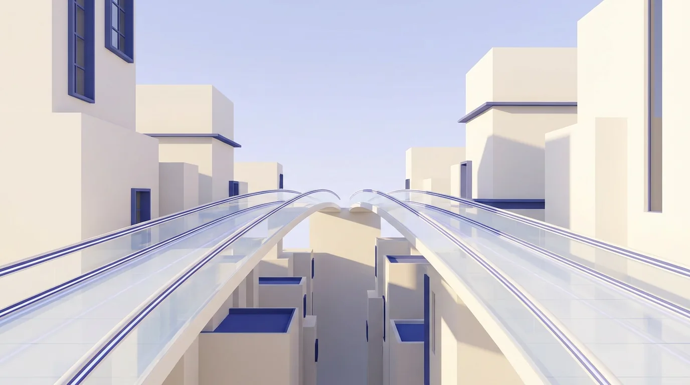 An abstract rendering shows a futuristic cityscape with long escalators, representing opportunities within the higher.