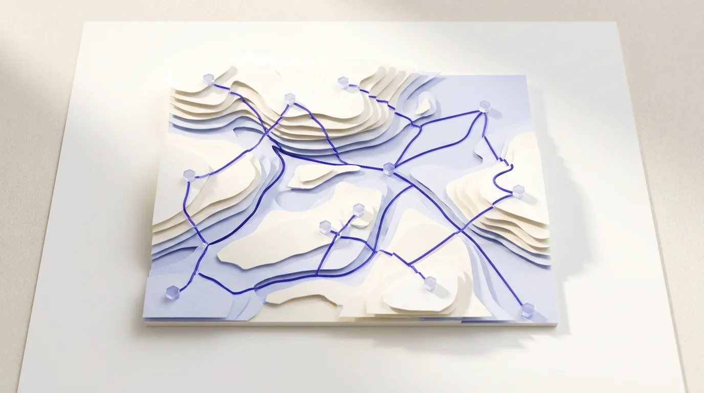 Topographical Map | HE Sector Directory A topographical map model with blue pathways represents connections within the higher education directory.